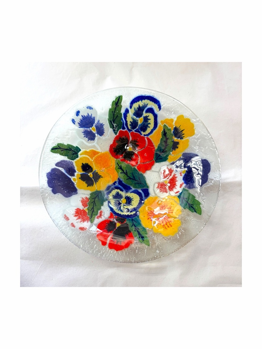 Peggy Karr Fused Art Glass Bowl Pansy Pansies‎ Floral Flowers Signed 8-8.5”